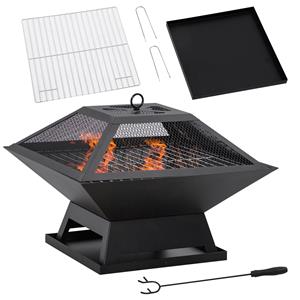 Outsunny Feuerschale mit Funkenschutz Grillrost Schürhaken Feuerkorb Feuerstelle für Garten Camping BBQ Stahl Schwarz 45 x 45 x 34 cm