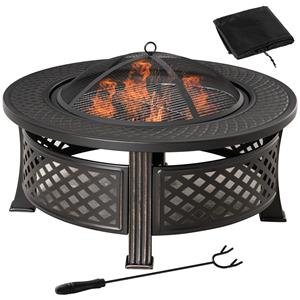 Outsunny Feuerschale mit Schürhaken Funkenschutz Feuerkorb Feuertisch rund Feuerstelle für Garten Camping BBQ Stahl Schwarz 81 x 81 x 50 cm