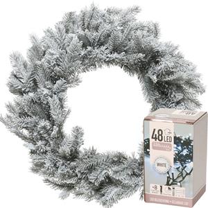 Decoris Kerstkrans groen met sneeuw 50 cm incl. verlichting helder wit 4m -