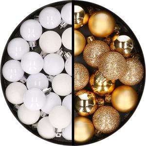34x stuks kunststof kerstballen wit en goud 3 cm -