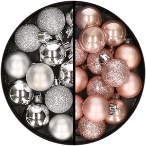 34x stuks kunststof kerstballen zilver en lichtroze 3 cm -