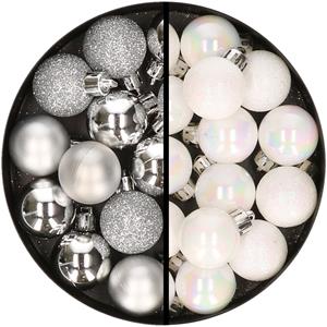 34x stuks kunststof kerstballen zilver en parelmoer wit 3 cm -