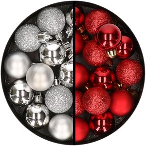 34x stuks kunststof kerstballen zilver en rood 3 cm -