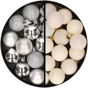 34x stuks kunststof kerstballen zilver en wol wit 3 cm -