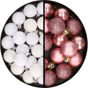 34x stuks kunststof kerstballen wit en oudroze 3 cm -