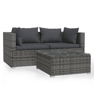 VidaXL 3-delige Loungeset Met Kussens Poly Rattan Grijs