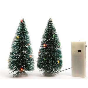 Lumineo 2x Stuks Kerstdorp Onderdelen Miniatuur Boompjes Met Gekleurde Verlichting 15 Cm - Kerstdorpen