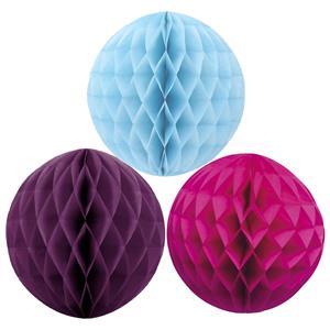 Kerstversiering set van 3x papieren kerstballen 10 cm lichtblauw aubergine en fuchsia roze -