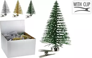 Element Kerstboom op knijper 7cm 3 assorti - Groen, Goud, Zilver