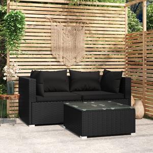 vidaXL 3-tlg. Garten-Lounge-Set mit Auflagen Schwarz Poly Rattan 