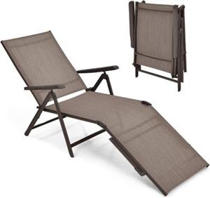 costway Patio Opvouwbare Ligstoel Buiten Ligstoel met 5-Standen Verstelbare Rugleuning Draagbaar Ligstoel voor Zwembad Tuin Bruin