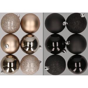 12x stuks kunststof kerstballen mix van champagne en zwart 8 cm -