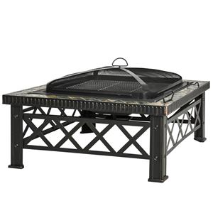 Outsunny 3-in-1 Feuerschale Feuerkorb Feuerstelle mit Funkenschutz Grillrost Eiskübel Garten BBQ Schwarz 76 x 76 x 47 cm