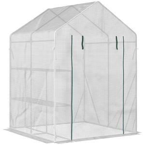 Outsunny kunststof kas, duurzame kweekruimte, 4 planken, stalen frame, weerbestendig, 143 x 143 x 195 cm, wit | Aosom.nl