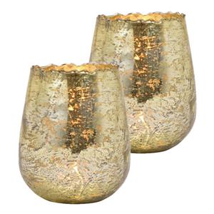 Set Van 2x Stuks Glazen Design Windlicht/kaarsenhouder Champagne Goud 12 X 15 X 12 Cm - Waxinelichtjeshouders