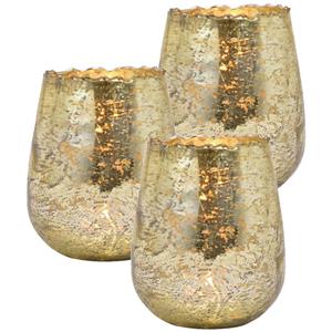 Set Van 3x Stuks Glazen Design Windlicht/kaarsenhouder Champagne Goud 12 X 15 X 12 Cm - Waxinelichtjeshouders