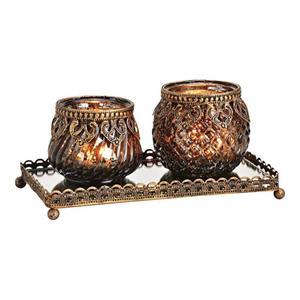 Glazen Design Windlicht/kaarsenhouder 2x Stuks Set In Het Zwart Goud 20 X 9 X 10 Cm - Waxinelichtjeshouders