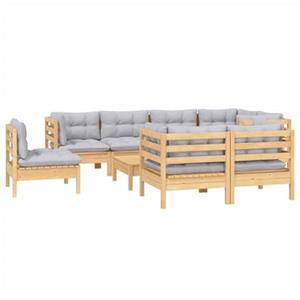vidaXL 9-delige Loungeset met grijze kussens massief grenenhout