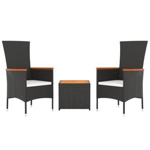 VidaXL 3-delige Loungeset poly rattan en massief acaciahout zwart