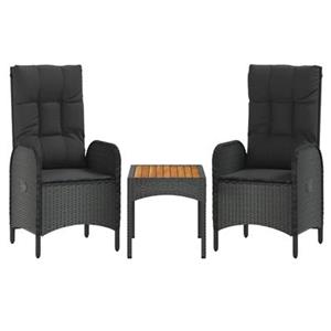 VidaXL 3-delige Loungeset met kussens poly rattan zwart