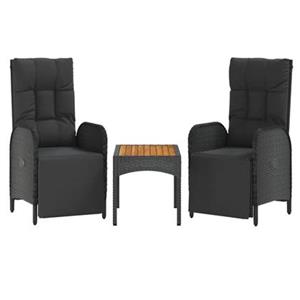 VidaXL 3-delige Loungeset met kussens poly rattan zwart