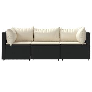 vidaXL 3-delige Loungeset met kussens poly rattan zwart