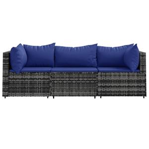 vidaXL 3-delige Loungeset met kussens poly rattan grijs