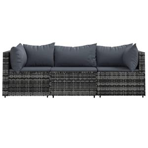 vidaXL 3-delige Loungeset met kussens poly rattan grijs