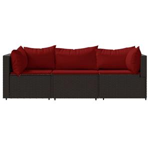 vidaXL 3-delige Loungeset met kussens poly rattan bruin