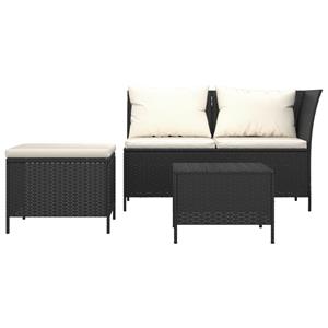 vidaXL 3-delige Loungeset met kussens poly rattan zwart