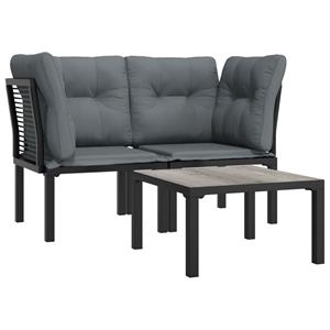 vidaXL 3-delige Loungeset met kussens poly rattan zwart en grijs