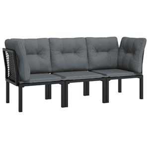 vidaXL 3-delige Loungeset met kussens poly rattan zwart en grijs