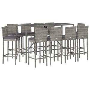 vidaXL Gartenlounge-Set 11-tlg. Gartenbar-Set mit Kissen Grau Poly Rattan, (11-tlg)