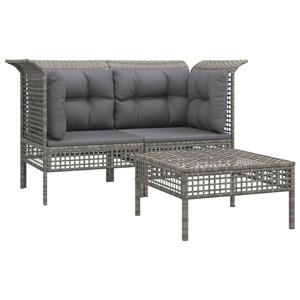 vidaXL 3-delige Loungeset met kussens poly rattan grijs