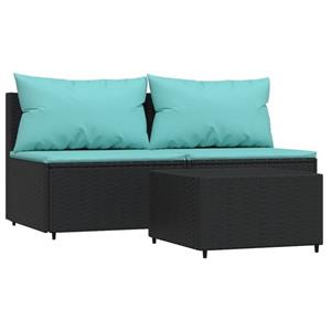 vidaXL 3-delige Loungeset met kussens poly rattan zwart