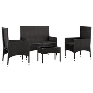 vidaXL 4-delige Loungeset met kussens poly rattan zwart