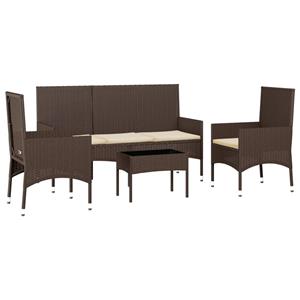 vidaXL 4-delige Loungeset met kussens poly rattan bruin