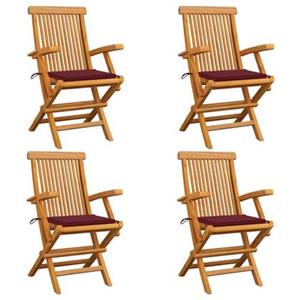 vidaXL Tuinstoelen 4 st met wijnrode kussens massief teakhout