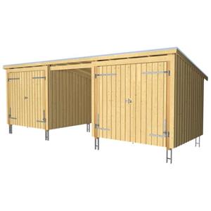 Plus Danmark Multi tuinhuis 2 dubbele deur/dicht/open met dakleer en paalhouders 14 m2 onbehandeld compleet 218 x 635 x 220 cm