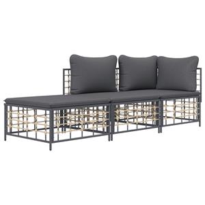 vidaXL 3-delige Loungeset met kussens poly rattan antracietkleurig