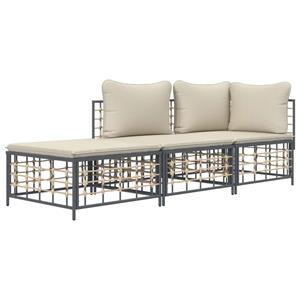 vidaXL 3-delige Loungeset met kussens poly rattan antracietkleurig