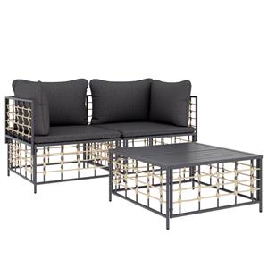 vidaXL 3-delige Loungeset met kussens poly rattan antracietkleurig