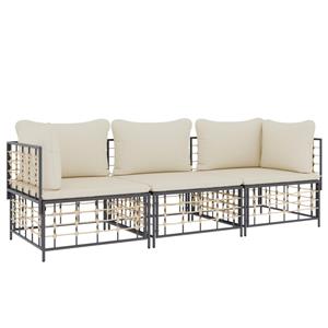 vidaXL 3-delige Loungeset met kussens poly rattan antracietkleurig