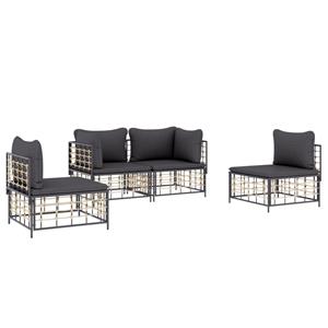 vidaXL 4-delige Loungeset met kussens poly rattan antracietkleurig