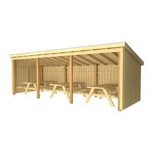 Plus Danmark Overkapping met 3 picknicktafels 14 m2 incl dakleer alu strips | 635 x 218 x 169/220 cm | Type B