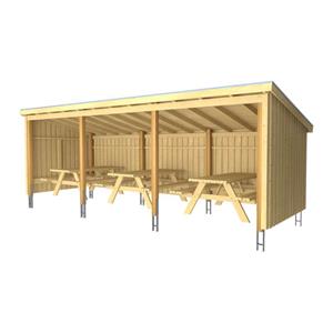 Plus Danmark Overkapping met 3 picknicktafels 14 m2 compleet | 635 x 218 x 169/220 cm | Type C