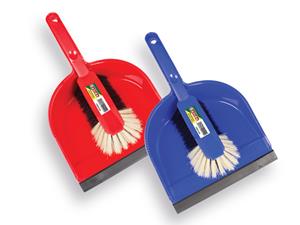 Plusjop Stofblik  SOLIDE met rubberen strip en kunststof handveger. Blauw en rood.