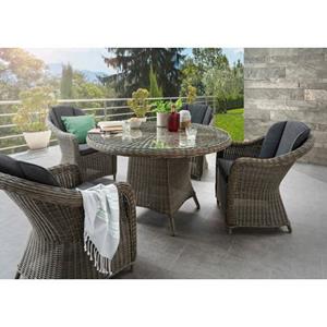 Destiny Tuin-eethoek LUNA/ MALAGA 4 stoelen, 1 tafel ø 120 cm, polyrotan, incl. kussens (14-delig)