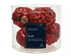 Decoris Kerstballen glas dennenappel 5x7cm rood 6st
