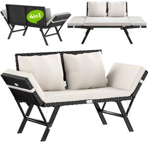 Casaria Polyrattan Tuinbank Zwart/Crème 176x56x81cm